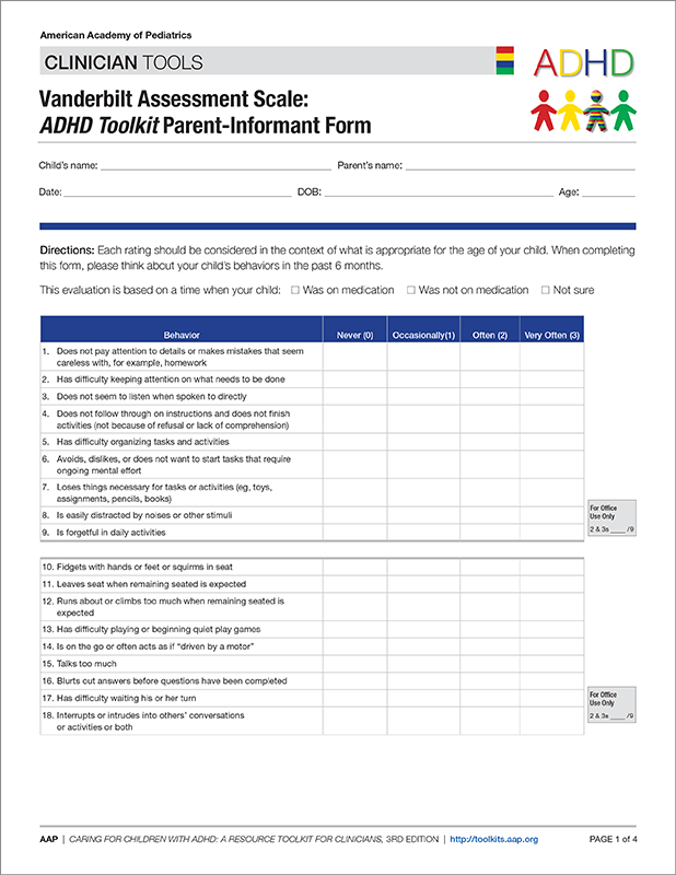 Vanderbilt Assessment Scale: ADHD Toolkit Parent Informant Form - 50/pk ...